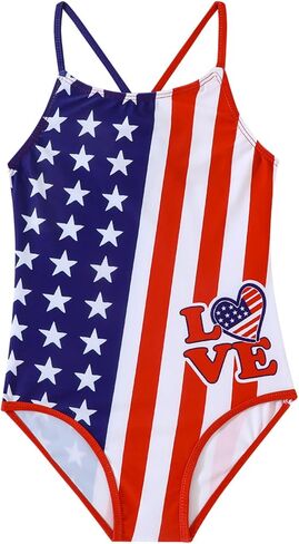 Girls Swimsuits One Piece American Flag Bathing Suit Quick Dry Beach Cute Swimwear with Adjustable Strap 4-12 Years in Saudi Arabia