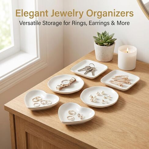 6 Pcs Ceramic Jewelry Tray, Decorative Trinket Dish for Jewelry Storage, Bridal Shower, Weddings, Birthdays Gifts (Assorted Sizes 4-4.6 Inch, White) in Saudi Arabia