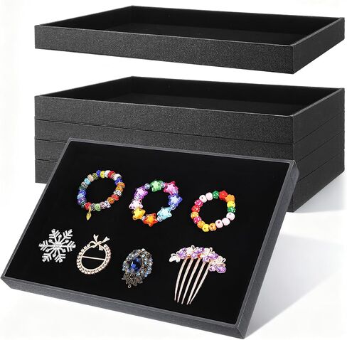 6 Pcs Velvet Stackable Jewelry Tray Showcase Display, Jewelry Organizer Tray Bracelet Ring Earring Necklace Organizer Empty Plate for Drawers Countertop, Black in Kuwait