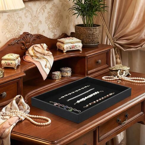 6 Pcs Velvet Stackable Jewelry Tray Showcase Display, Jewelry Organizer Tray Bracelet Ring Earring Necklace Organizer Empty Plate for Drawers Countertop, Black in Kuwait