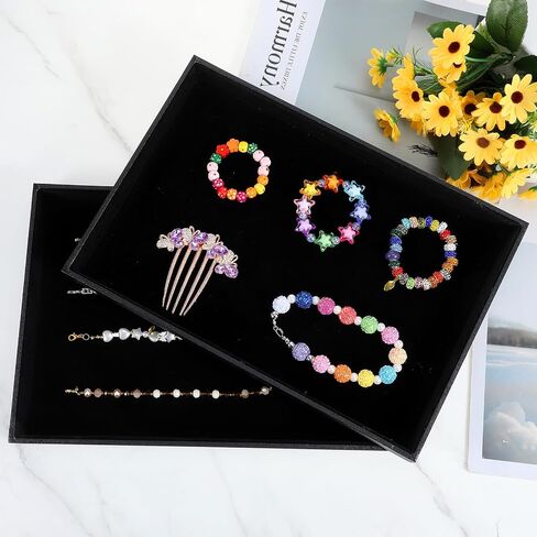 6 Pcs Velvet Stackable Jewelry Tray Showcase Display, Jewelry Organizer Tray Bracelet Ring Earring Necklace Organizer Empty Plate for Drawers Countertop, Black in Kuwait