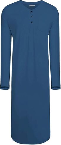 Mens Nightshirt Long Henley Sleep Shirts V Neck Nightdress Long Sleeve Loose Pajama Sleepwear Nightgown in Kuwait