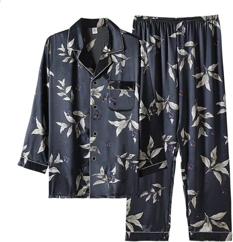 CYGE Mens Silk Satin Pajamas Long Sleeve Printing Loungewear 2-Piece Sleepwear Button-Down Pj Set M-4XL in Kuwait