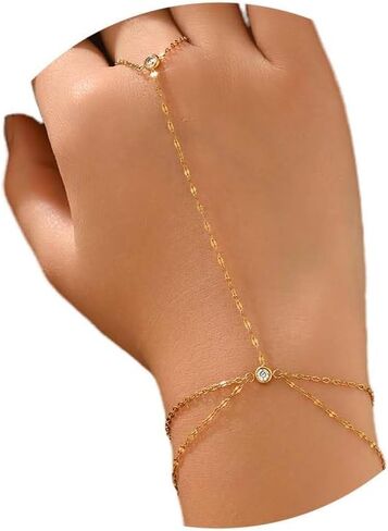 Gold Hand Chain Bracelet for Women 18K Gold Plated Stainless Steel Ring Bracelet Hand Chain with Pearl Star CZ Adjustable Hand Jewelry Chain Gifts in Kuwait