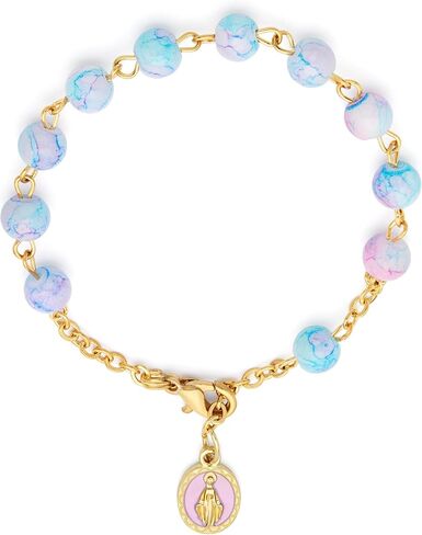 Mondo Cattolico Gold-tone Rosary Bracelet with Pink and Light Blue Variegated Beads, Rose Miraculous Medal, Catholic Prayer Bracelet for Women and Men in Saudi Arabia