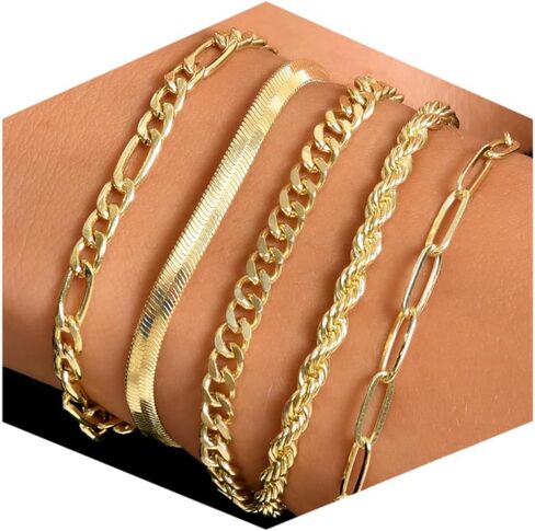 Dainty Gold Bracelets for Women, 14K Gold Plated Stackable Bracelet Set, Adjustable Beaded Cuban Paperclip Herringbone Figaro Snake Rope Chain Jewelry in Kuwait