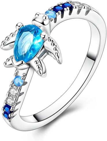 Hapour S925 Sterling Silver Sea Turtle Ring with CZ Stones Unique Statement Band Trendy Jewelry Gifts for Women Teens Ring Size 6-9 in Kuwait
