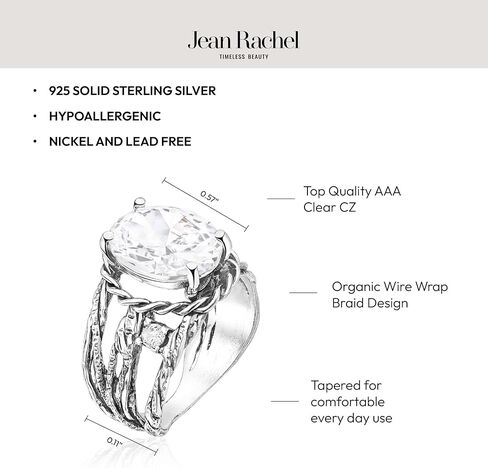 JEAN RACHEL JEWELRY خاتم التفاف سلكي بيضاوي من الفضة الإسترليني عيار 925 - 8.45 قيراط من الزركونيا المكعبة الشفافة مع لمسات مضفرة in Kuwait
