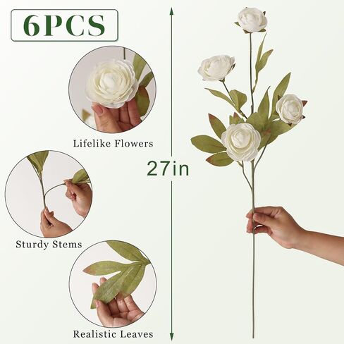 VIERENA 6 PCS Artificial Ranunculus Branches for Vase - 27" Fake Silk Persian Buttercup Stems Look Real Faux Flowers for DIY Bouquet, Table Centerpieces, Farmhouse, Home Decor (Cream) in Saudi Arabia
