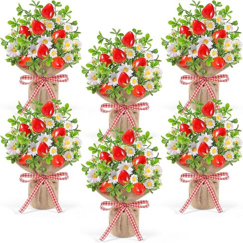Dlerom 6 Pack Small Strawberry Table Centerpiece Artificial Potted Strawberry Flowers in Burlap Bag Vases Fake Strawberry Daisy Plants for Spring Summer Home Farmhouse Tiered Tray Display Decor in Saudi Arabia