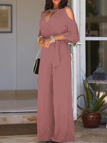 Women's Elegant Cold Shoulder Wrap V-Neck 3/4 Bell Sleeve Jumpsuit Self-Tie Belted Solid Color Flowy Wide Leg Jumpsuit in Kuwait
