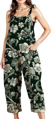 Zhyaj Women's Floral Print Wide Leg Jumpsuit with Pockets Sleeveless Romper Loose Fit Summer Casual Playsuit for Beach in Saudi Arabia