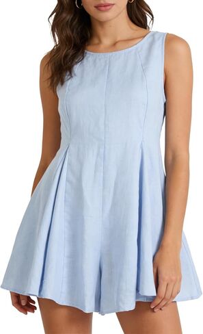 Amazhiyu Womens 100% Linen Romper Sleeveless Crewneck Short Jumpsuits Ruffle Hem in Kuwait