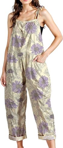 Zhyaj Women's Floral Print Wide Leg Jumpsuit with Pockets Sleeveless Romper Loose Fit Summer Casual Playsuit for Beach in Saudi Arabia
