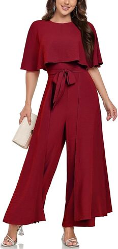 Jumpsuits for Women Dressy Casual Short Sleeve Round Neck One-Piece Outfits Formal Cape Wide Leg Rompers with Belt in Saudi Arabia