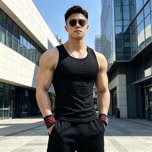 Form Fitting Sleeveless Tank Top for Men Basic Solid Color Crew Neck Casual Everyday Wear Slim Fit Workout Shirt (Black) in Kuwait