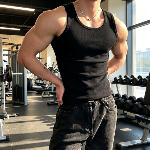 Form Fitting Sleeveless Tank Top for Men Basic Solid Color Crew Neck Casual Everyday Wear Slim Fit Workout Shirt (Black) in Kuwait