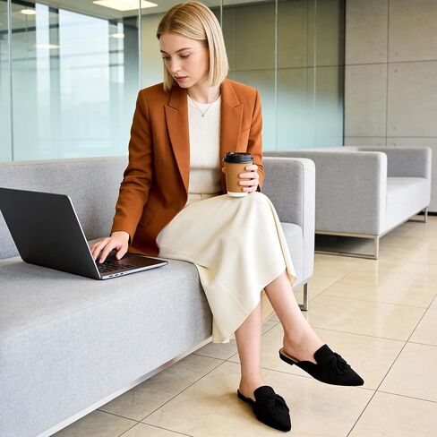 Aomigoct Dress Flat Womens Mules: Black 10 Elegant Pointed Toe & Bow Suede for Office & Meetings - Lightweight Slip-On for Confidence in All-Day Wear - Ages 28-50 - Black 10 in Kuwait