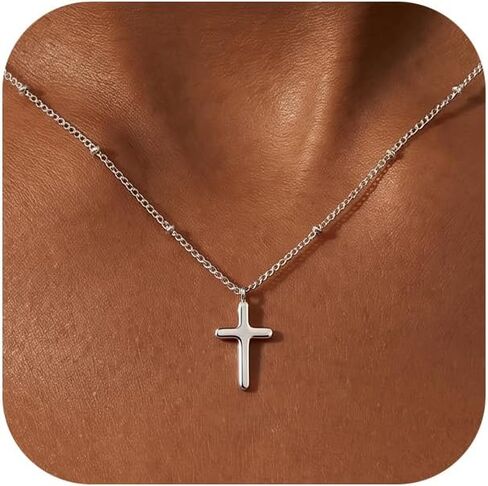 925 Sterling Silver & 18K Gold Cross Necklace for Women, Dainty 1.5mm Bead Chain Cross Pendant Necklaces for Women Trendy Jewelry Christian Baptism Religious Faith Jewelry Gifts 16-22 Inches in Saudi Arabia