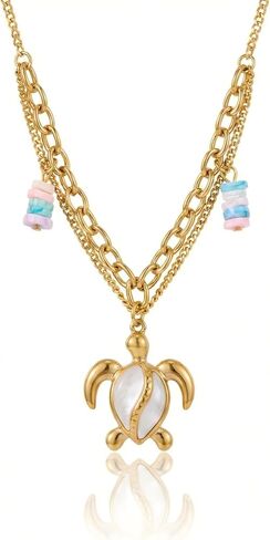 Harlermoon Layered Snake Chain Necklace for Women, 18K Gold Plated Stainless Steel, Aesthetic Mermaid Enamel Starfish Sea Turtle Shell Charm with Pearl, Boho Coastal Vacation Gift in Saudi Arabia