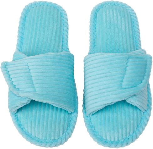 Enteer Women's Adjustable Corduroy Slippers - Open Toe Memory Foam House Shoes with Hook and Loop Closure, Non-Slip Indoor Outdoor Slides for Custom Fit in Saudi Arabia