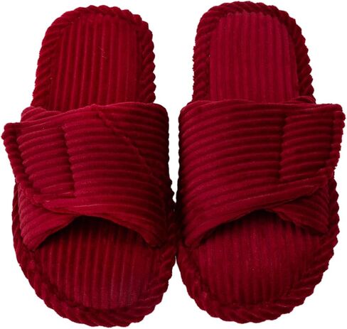 Enteer Women's Adjustable Corduroy Slippers - Open Toe Memory Foam House Shoes with Hook and Loop Closure, Non-Slip Indoor Outdoor Slides for Custom Fit in Saudi Arabia