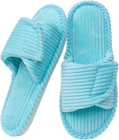 Enteer Women's Adjustable Corduroy Slippers - Open Toe Memory Foam House Shoes with Hook and Loop Closure, Non-Slip Indoor Outdoor Slides for Custom Fit in Saudi Arabia