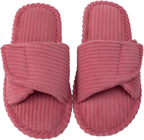 Enteer Women's Adjustable Corduroy Slippers - Open Toe Memory Foam House Shoes with Hook and Loop Closure, Non-Slip Indoor Outdoor Slides for Custom Fit in Saudi Arabia