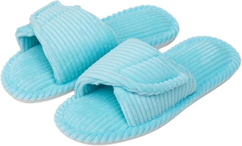 Enteer Women's Adjustable Corduroy Slippers - Open Toe Memory Foam House Shoes with Hook and Loop Closure, Non-Slip Indoor Outdoor Slides for Custom Fit in Saudi Arabia