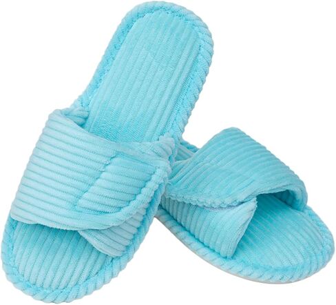 Enteer Women's Adjustable Corduroy Slippers - Open Toe Memory Foam House Shoes with Hook and Loop Closure, Non-Slip Indoor Outdoor Slides for Custom Fit in Saudi Arabia
