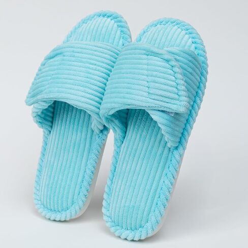 Enteer Women's Adjustable Corduroy Slippers - Open Toe Memory Foam House Shoes with Hook and Loop Closure, Non-Slip Indoor Outdoor Slides for Custom Fit in Saudi Arabia