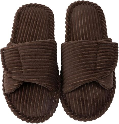 Enteer Women's Adjustable Corduroy Slippers - Open Toe Memory Foam House Shoes with Hook and Loop Closure, Non-Slip Indoor Outdoor Slides for Custom Fit in Saudi Arabia