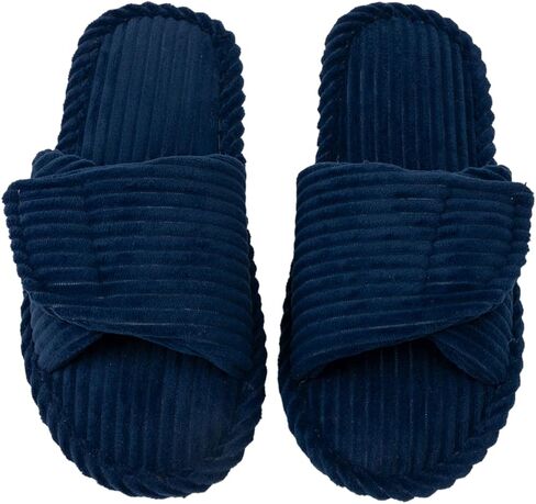 Enteer Women's Adjustable Corduroy Slippers - Open Toe Memory Foam House Shoes with Hook and Loop Closure, Non-Slip Indoor Outdoor Slides for Custom Fit in Saudi Arabia