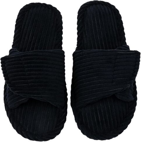 Enteer Women's Adjustable Corduroy Slippers - Open Toe Memory Foam House Shoes with Hook and Loop Closure, Non-Slip Indoor Outdoor Slides for Custom Fit in Saudi Arabia