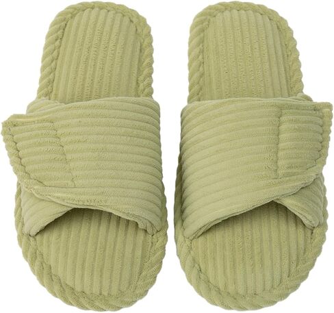 Enteer Women's Adjustable Corduroy Slippers - Open Toe Memory Foam House Shoes with Hook and Loop Closure, Non-Slip Indoor Outdoor Slides for Custom Fit in Saudi Arabia