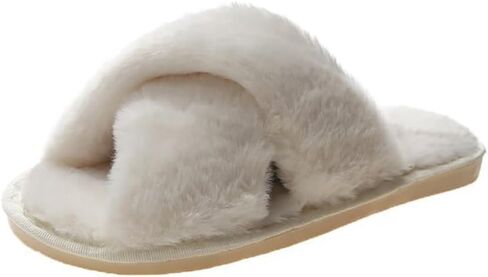 Women's Fuzzy Slippers Cross Band Memory Foam House Slippers Open Toe in Kuwait