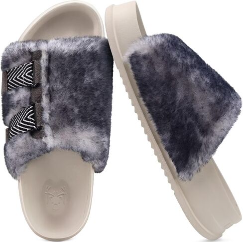 KuaiLu Womens Orthotic Sandals Comfortable Plantar Fasciitis Arch Support Faux Fur Sandal Slippers For Woman Adjustable Cushion Slides Slip On Indoor Outdoor Memory Foam House Shoes, Black White 8 in Kuwait