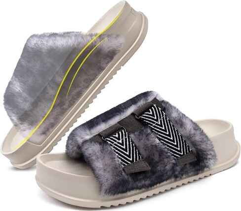 KuaiLu Womens Orthotic Sandals Comfortable Plantar Fasciitis Arch Support Faux Fur Sandal Slippers For Woman Adjustable Cushion Slides Slip On Indoor Outdoor Memory Foam House Shoes, Black White 8 in Kuwait