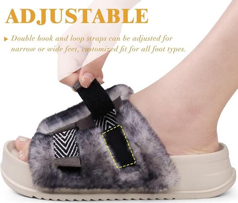 KuaiLu Womens Orthotic Sandals Comfortable Plantar Fasciitis Arch Support Faux Fur Sandal Slippers For Woman Adjustable Cushion Slides Slip On Indoor Outdoor Memory Foam House Shoes, Black White 8 in Kuwait