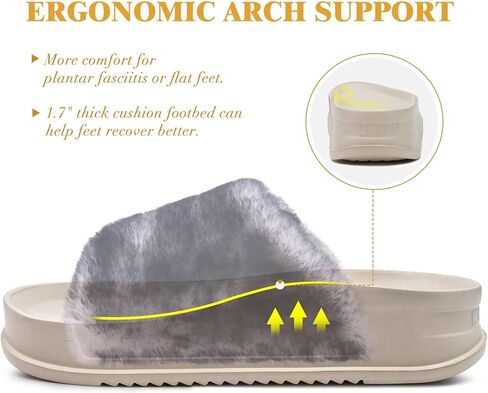 KuaiLu Womens Orthotic Sandals Comfortable Plantar Fasciitis Arch Support Faux Fur Sandal Slippers For Woman Adjustable Cushion Slides Slip On Indoor Outdoor Memory Foam House Shoes, Black White 8 in Kuwait