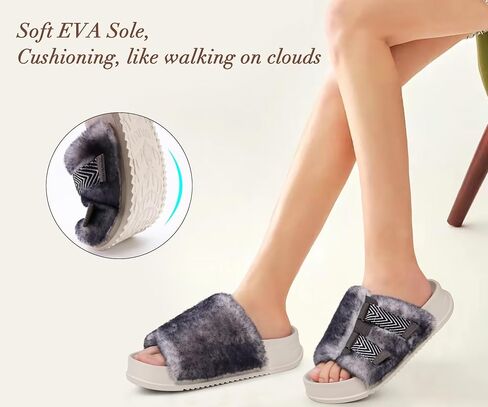 KuaiLu Womens Orthotic Sandals Comfortable Plantar Fasciitis Arch Support Faux Fur Sandal Slippers For Woman Adjustable Cushion Slides Slip On Indoor Outdoor Memory Foam House Shoes, Black White 8 in Kuwait