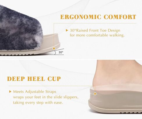 KuaiLu Womens Orthotic Sandals Comfortable Plantar Fasciitis Arch Support Faux Fur Sandal Slippers For Woman Adjustable Cushion Slides Slip On Indoor Outdoor Memory Foam House Shoes, Black White 8 in Kuwait
