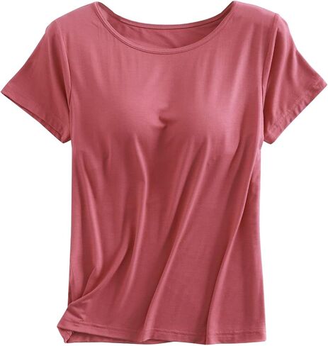 JiXiang Tshirt with Built in Bra Women Short Sleeve Crewneck Workout Yoga Sports Tops Athletic Shelf Padded Bra Cute Tops in Kuwait