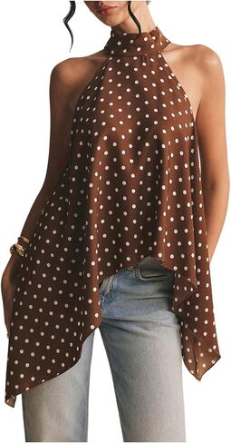 OYOANGLE Women's Summer Top Y2K Polka Dots Halter Sleeveless Asymmetrical Hem Going Out Tank Top in Kuwait