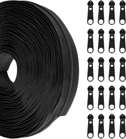 AUGHOA #5 Nylon Coil Zippers by The Yard, 10 Yards Bulk Zippers with 20pcs Zipper Sliders, Zipper Replacement for DIY Sewing Craft Bags (Black) in Kuwait