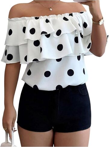 GORGLITTER Women's Off The Shoulder Tops Polka Dots Ruffle Trim Dressy Casual Blouse in Kuwait