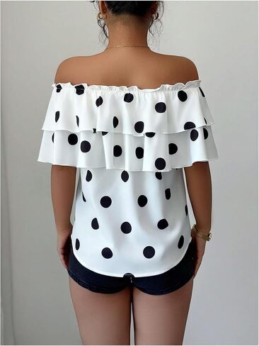 GORGLITTER Women's Off The Shoulder Tops Polka Dots Ruffle Trim Dressy Casual Blouse in Kuwait