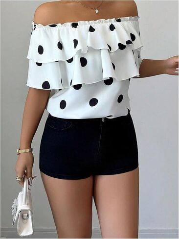 GORGLITTER Women's Off The Shoulder Tops Polka Dots Ruffle Trim Dressy Casual Blouse in Kuwait