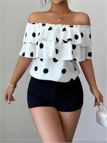 GORGLITTER Women's Off The Shoulder Tops Polka Dots Ruffle Trim Dressy Casual Blouse in Kuwait