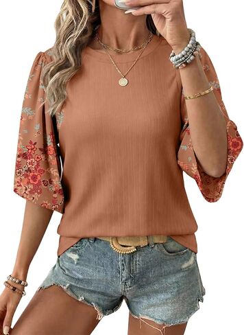 EVALESS 3/4 Length Sleeve Womens Tops Dressy Casual Blouses Floral Print Crewneck Patchwork Shirts 2026 Spring Outfits in Saudi Arabia